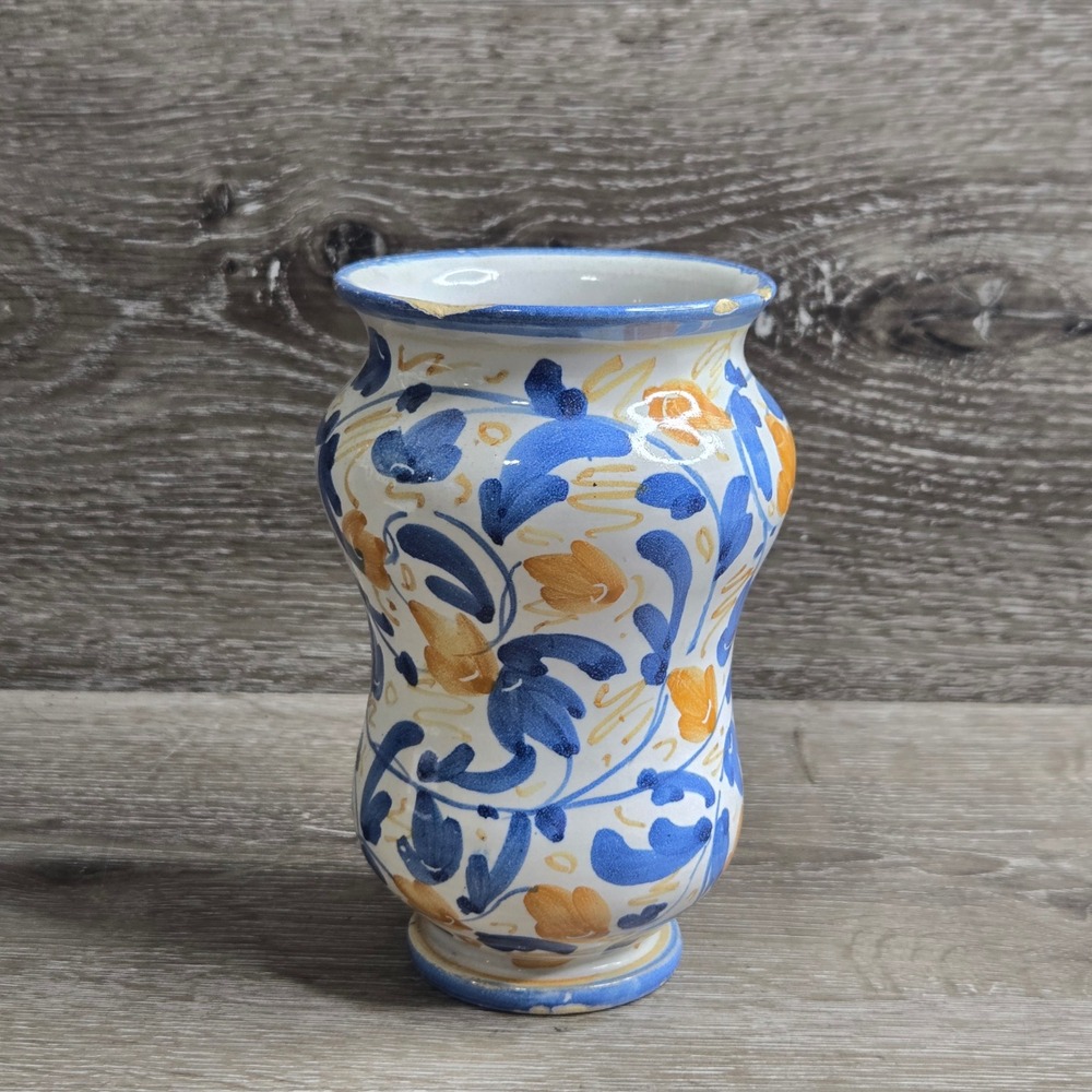 Vintage Italian Style Majolica Hand Painted Blue Yellow Floral Ceramic Vase